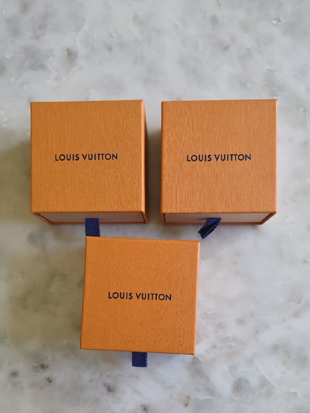 Louis Vuitton Orange Jewelry Boxes with Navy Pull Tabs (Set of 3)-3.5"W X 3.5"H